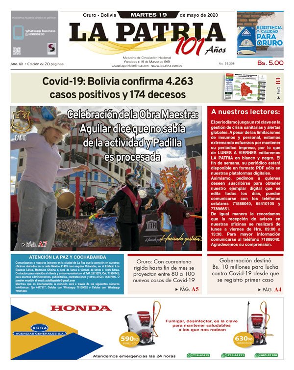 Edición PDF La Patria del 19 de mayo de 2020