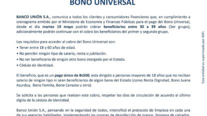 Bono Universal del Banco Unión para personas de 30 a 39 años