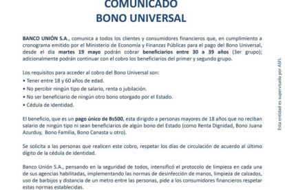 Bono Universal del Banco Unión para personas de 30 a 39 años