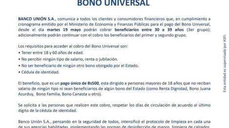 Bono Universal del Banco Unión para personas de 30 a 39 años