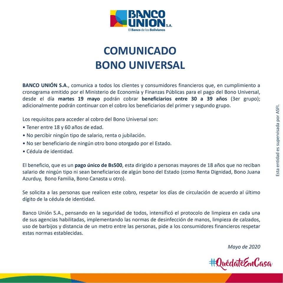 Bono Universal del Banco Unión para personas de 30 a 39 años