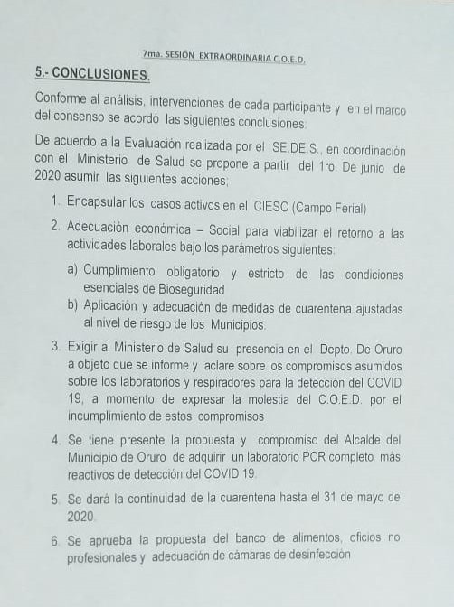 Cuarentena en Oruro hasta el 31 de mayo