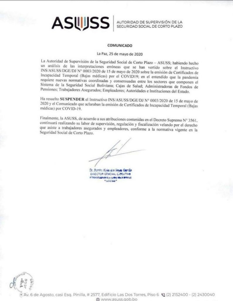 Asuss anulación instructivo Covid-19