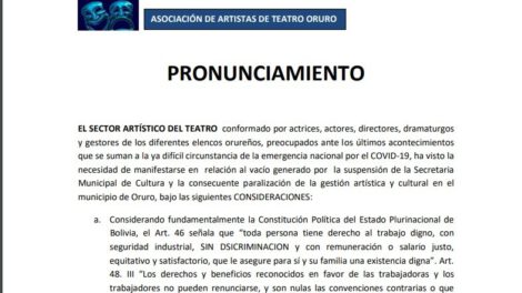 Asociación de Artistas de Teatro exige la designación de un responsable de la Secretaría Municipal de Cultura
