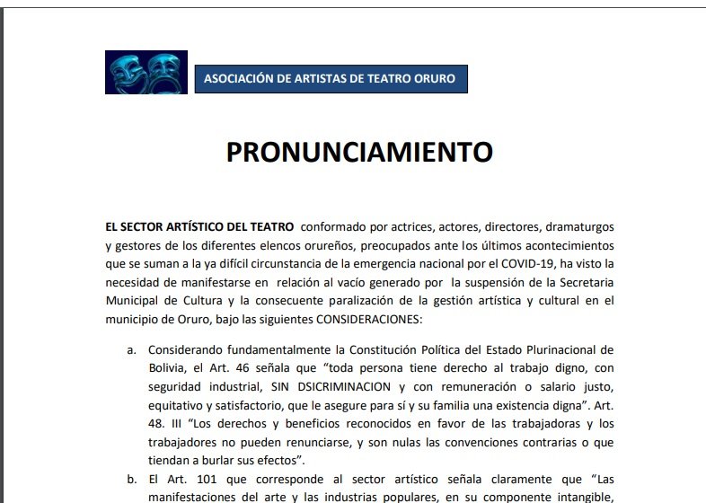 Asociación de Artistas de Teatro exige la designación de un responsable de la Secretaría Municipal de Cultura