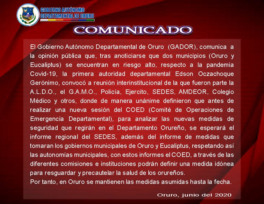 Medidas de seguridad en Oruro para prevenir la propagación del Covid-19