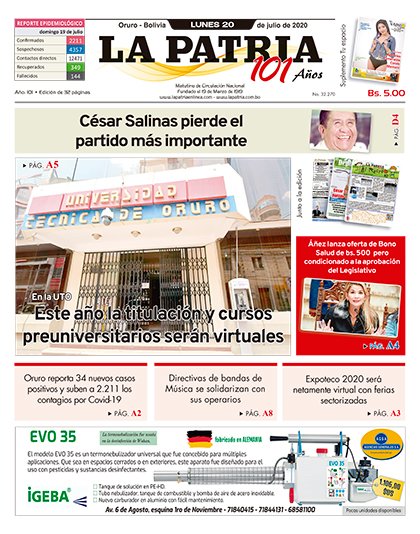 Edición PDF La Patria del 20 de julio de 2020
