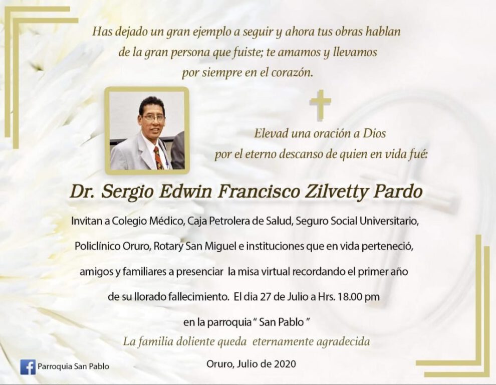 Invitación a misa por Dr. Sergio Edwin Francisco Zilvetty Pardo