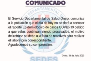 Reporte epidemiológico del Sedes Oruro sobre falta de reactivos