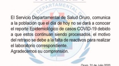 Reporte epidemiológico del Sedes Oruro sobre falta de reactivos