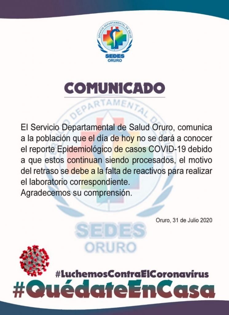 Reporte epidemiológico del Sedes Oruro sobre falta de reactivos