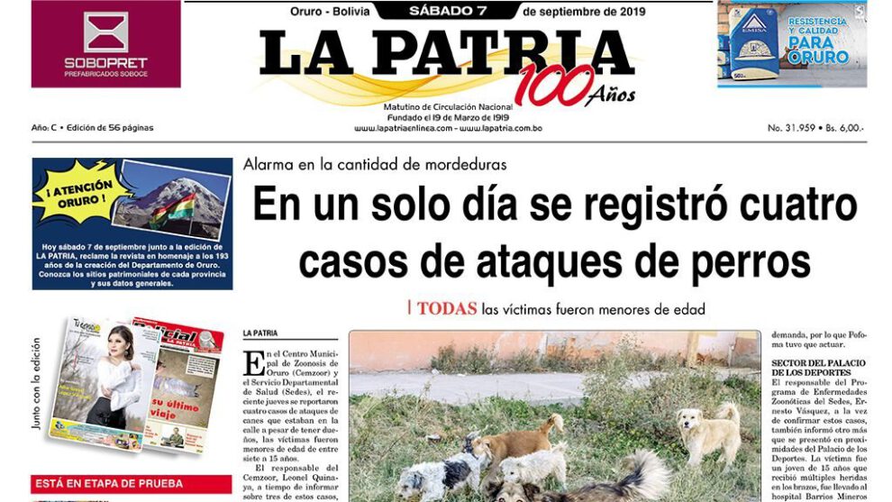 Portadas impresas del periódico La Patria del 07 de septiembre de 2019