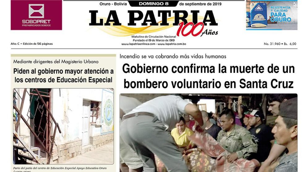 Portadas del periódico LA PATRIA del domingo 08 de septiembre de 2019