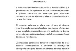 Estafas en WhatsApp alertadas por el Ministerio de Gobierno