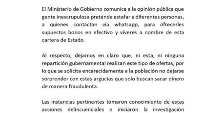Estafas en WhatsApp alertadas por el Ministerio de Gobierno
