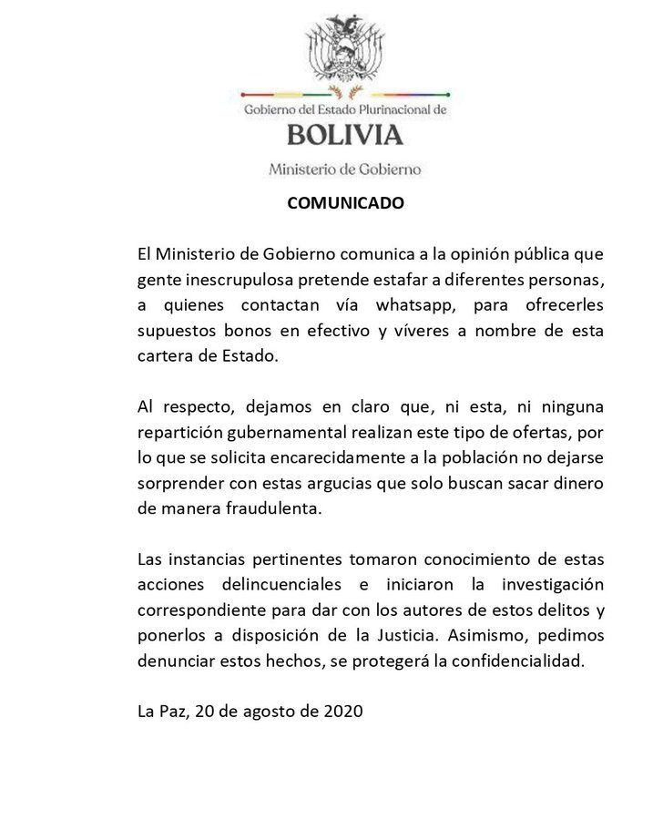 Estafas en WhatsApp alertadas por el Ministerio de Gobierno