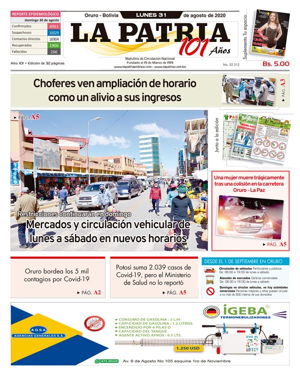 Edición PDF La Patria del 31 de agosto de 2020