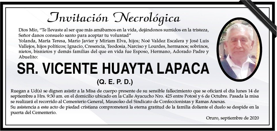 Invitación Necrológica Vicente Huayta Lapaca