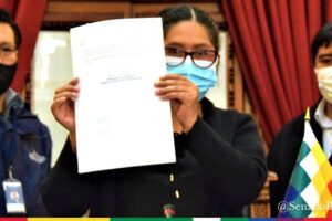 La presidente del Senado, Eva Copa muestra una de las leyes promulgadas este miércoles