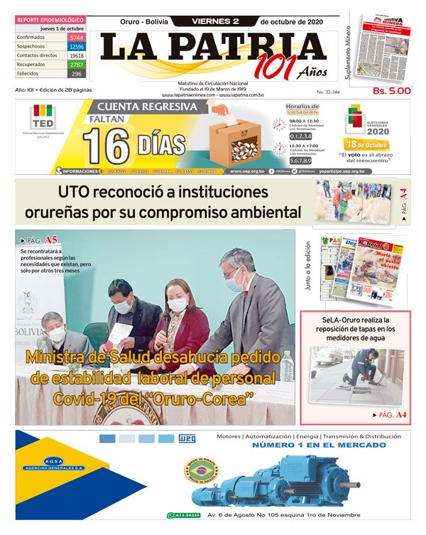 Edición impresa La Patria del 02 de Octubre de 2020