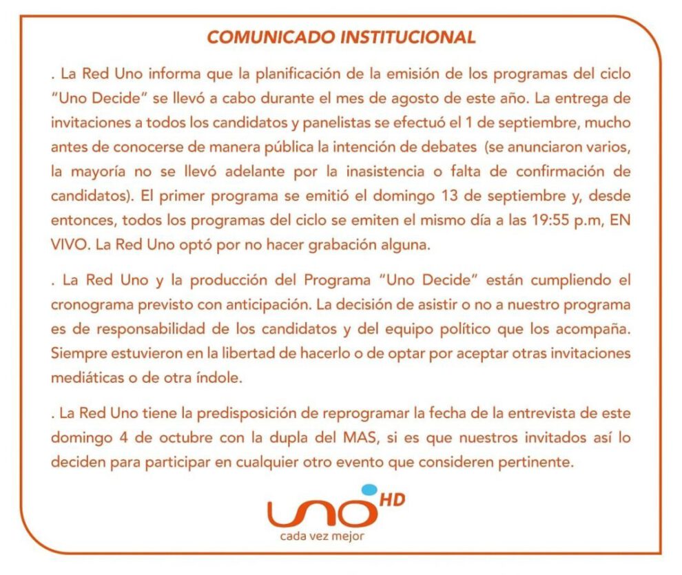 Red Uno reprogramar entrevista MAS