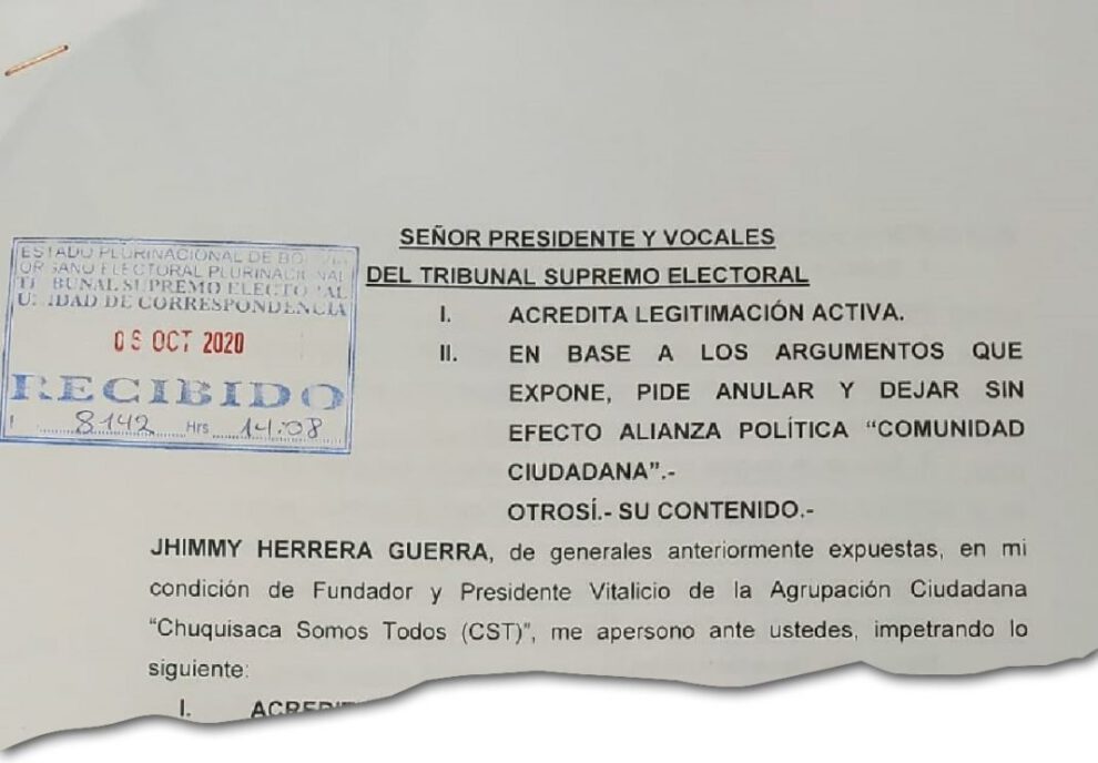 Anulación de la alianza Comunidad Ciudadana solicitada por Jhimmy Herrera