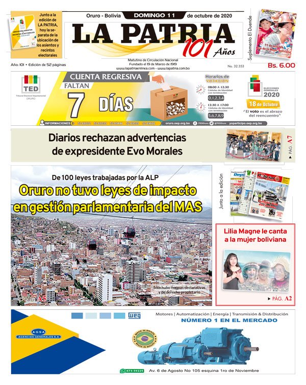 Edición impresa La Patria del 11 de octubre de 2020
