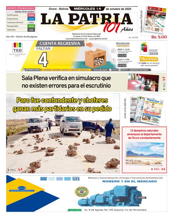 Edición impresa La Patria del 14 de octubre de 2020