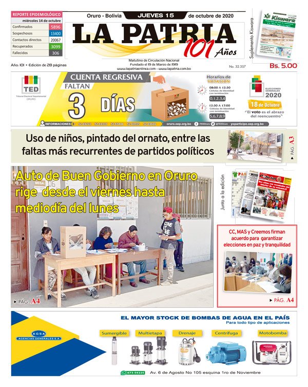 Edición impresa La Patria del 15 de octubre de 2020