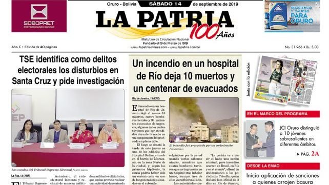 Portadas impresas del sábado 14 de septiembre de 2019