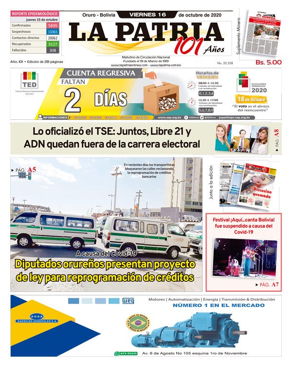 Edición impresa La Patria del 16 de octubre de 2020