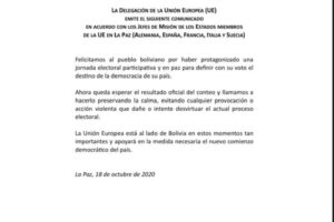 Unión Europea felicita al pueblo boliviano