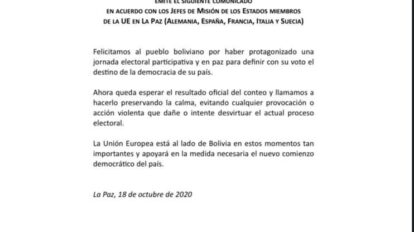 Unión Europea felicita al pueblo boliviano