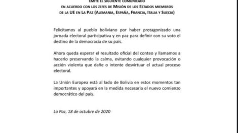 Unión Europea felicita al pueblo boliviano