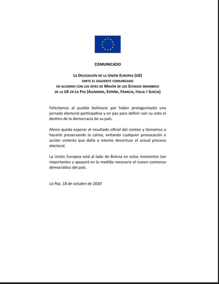Unión Europea felicita al pueblo boliviano