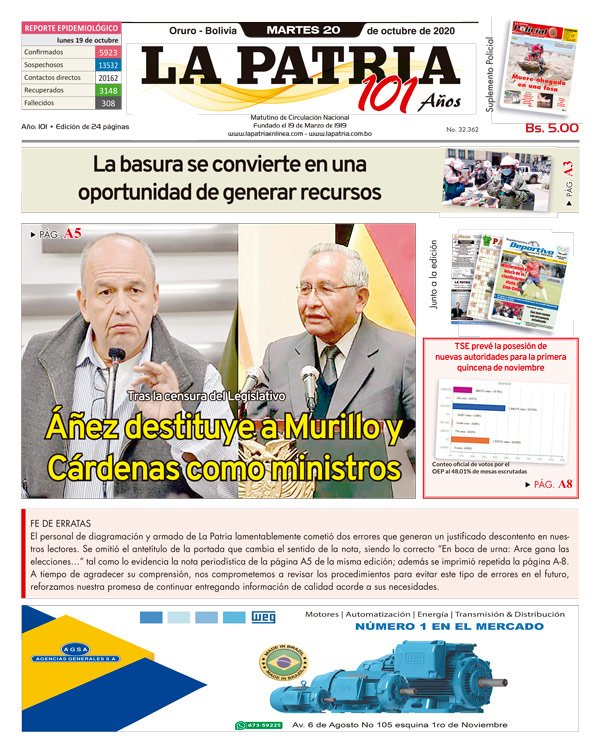 Edición impresa La Patria del Martes 20 de octubre de 2020