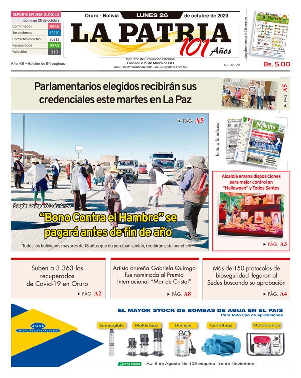 Edición impresa La Patria del 26 de octubre de 2020