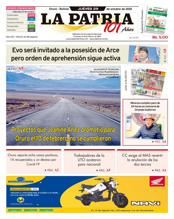 Edición impresa La Patria del 29 de octubre de 2020