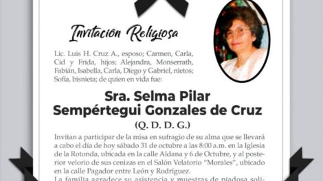 Invitación Religiosa para la Sra. Selma Pilar Sempértegui Gonzales de Cruz