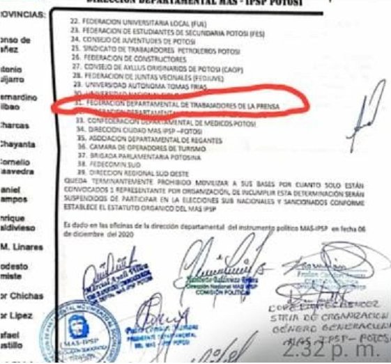 Federación de Trabajadores de la Prensa de Potosí en convocatoria del MAS
