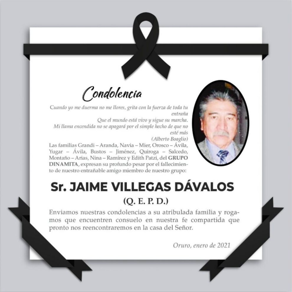 Condolencias por el fallecimiento de Jaime Villegas Dávalos