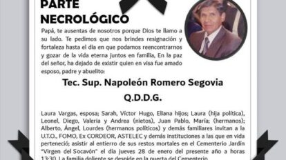 Parte Necrológico de Napoleón Romero Segovia