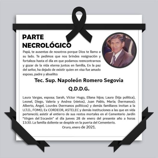Parte Necrológico de Napoleón Romero Segovia