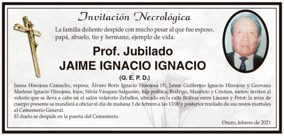 Invitación Necrológica: Jaime Ignacio Ignacio (Q. E. P. D.)
