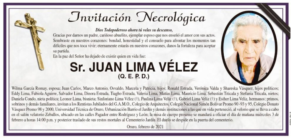 Invitación Necrológica para Juan Lima Vélez