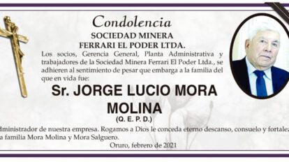 Condolencia por Jorge Lucio Mora Molina
