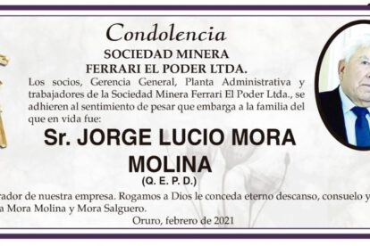 Condolencia por Jorge Lucio Mora Molina