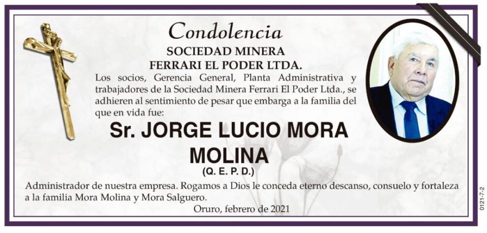 Condolencia por Jorge Lucio Mora Molina