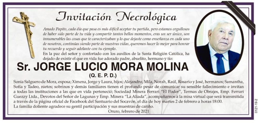 Invitación Necrológica JORGE LUCIO MORA MOLINA