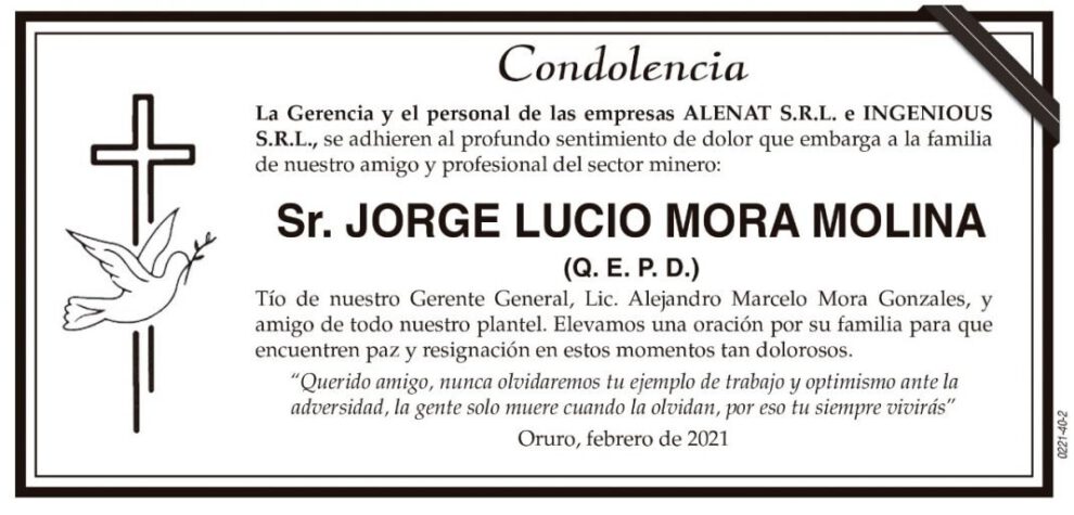 Condolencia por JORGE LUCIO MORA MOLINA